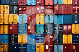 A large stack of multicolored shipping containers. Colorful background