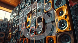 A large stack of music audio speakers