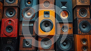 A large stack of music audio speakers