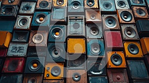 A large stack of music audio speakers
