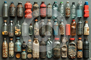 A large stack of old plastic bottles for recycling