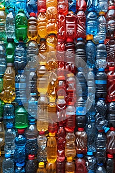 A large stack of old plastic bottles for recycling