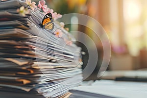 Large stack of papers on the desk, paperwork left undone, spring, butterflies