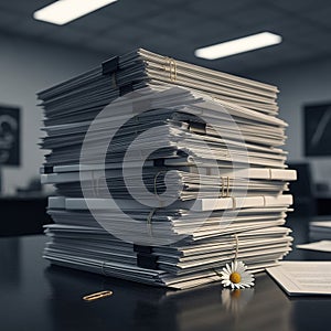 Large Stack of Papers Secured with Rubber Bands and Binder Clips on a Desk with a Daisy documents