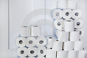 Large stack of toilet paper rolls in a home. Ready for an emergency