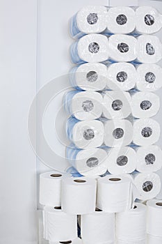 Large stack of toilet paper rolls in a home. Ready for an emergency