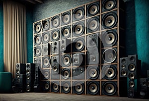 A large stack of vintage music audio speakers. Generative ai
