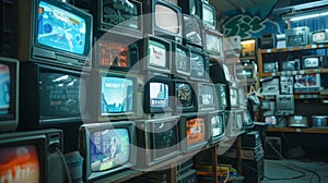 A large stack of vintage TV showing different programmes