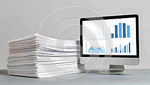 Large Stack White Papers Beside Computer Showing Blue Graphs