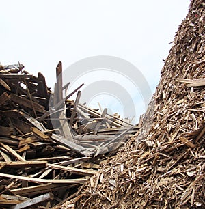 Large stack of wood mountain on a demolition site
