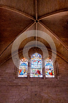 Large stained glass windows with Christian details under a starry vault. photo
