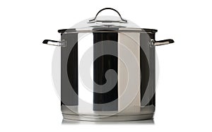 Large stainless steel cooking pot with glass lid side view