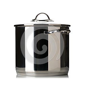 Large stainless steel cooking pot with handles and glass lid side view