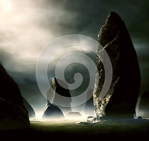 Large Standing stones in barren landscape. Solitary Strength concept