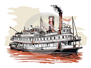 Large steamboat retro in hand-drawn style
