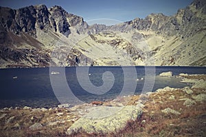 A large stone on the banks of the Hinc lake in the High Tatras