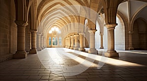 a large stone building with arched ceiling and columns