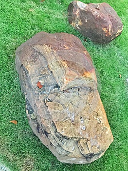 Large stones are on the grass in the garden