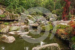 Large stones by the lake in the forest in Sofievka park in Uman