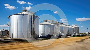 Large storage tanks and silos used for storing raw materials in an industrial facility