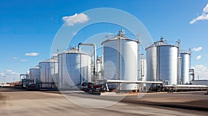 Large storage tanks and silos used for storing raw materials in an industrial facility