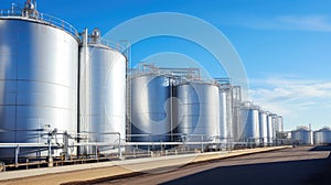 Large storage tanks and silos used for storing raw materials in an industrial facility