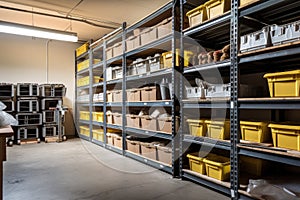 large storage unit filled with boxes, crates, and bins