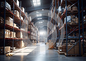 Large storage warehouse with forklift and tall shelves racks.Wide view.AI Generative