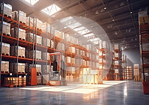 Large storage warehouse with forklift and tall shelves racks.Wide view.AI Generative