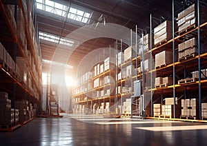 Large storage warehouse with forklift and tall shelves racks.Wide view.AI Generative
