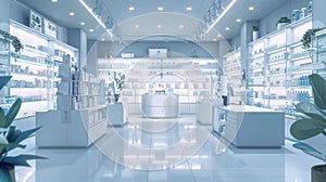 A large store with a bright blue ceiling and white walls. cosmetic concept