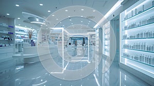 A large store with a bright blue ceiling and white walls. cosmetic concept