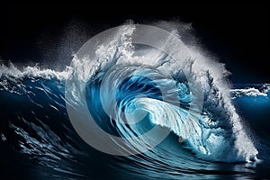 Large stormy sea wave in deep blue, isolated on white. Nature of the climate. in front.
