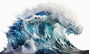 Large stormy sea wave in deep blue on white background.
