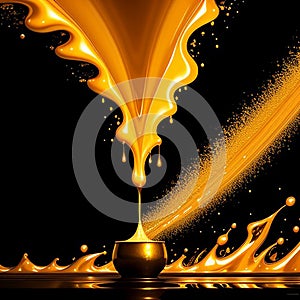 A large stream of liquid gold flows into a small gold pot. An abstraction with splashes and drops of liquid gold
