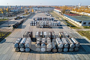 Large street warehouse of tankers shooting from a height