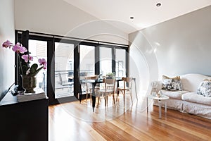 Large studio apartment living room with bi fold doors