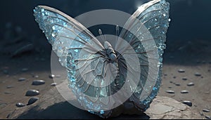 large stunningly beautiful fairy wings Fantasy crystal glass glitter butterfly sits on a light blue stone.