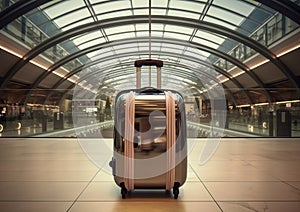 Large suitcase standing on the floor in modern airport terminal. Travel and summer vacation concept.