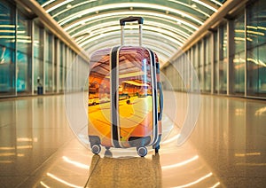 Large suitcase standing on the floor in modern airport terminal. Travel and summer vacation concept.