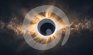 A large sun is in the center of a dark sky. Solar eclipse