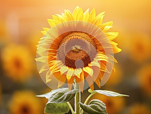 Large sunflower in foreground, with its yellow petals facing towards camera. It is surrounded by other flowers and