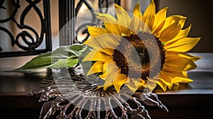 a large sunflower sitting on top of a wooden table next to a metal vase with a flower in the middle of it and a wrought iron