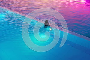 Large swimming pool in fluorescent light. close up to water texture and high angle view