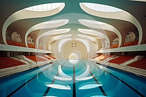 Large swimming pool with skylight above it and row of orange steps. Generative AI