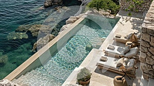 A large swimming pool with sun beds by the sea