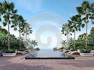 Large swimming pool terrace with sea view 3d render