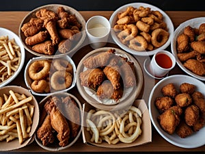 large table of assorted take out food such as pizza, french fries, onion rings, fried chicken and chicken wings