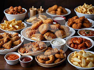 large table of assorted take out food such as pizza, french fries, onion rings, fried chicken and chicken wings