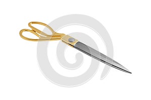 large tailor\'s scissors with yellow handles. isolated on white background